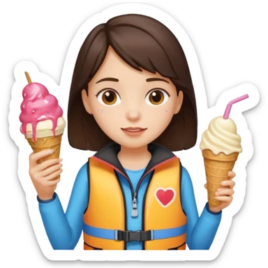 girl brunet kid wearing lifejacket, holding ice cream sticker