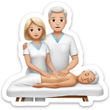 60-year-old white man dressed in white tunic giving massage to a 60-year-old white woman sticker