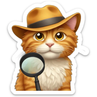 Fluffy ginger cat with a detective's hat and magnifying glass sticker