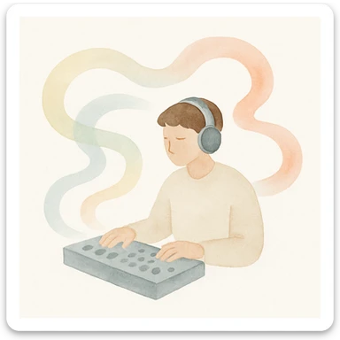 music producer surrounded by swirling colorful sound waves sticker