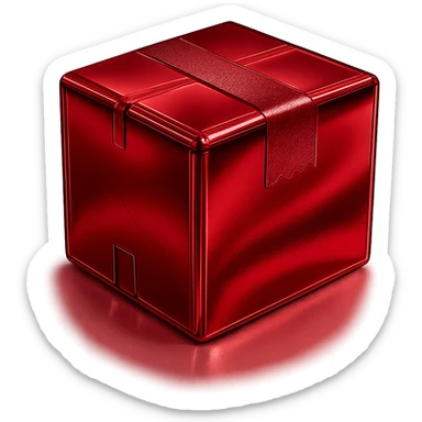 Add a specular layer with color #C31F3F to the chrome package box, keeping the metallic, shiny, modern look, and preserving the original shape and tape details. sticker