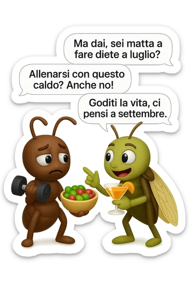 EMOJI STILE IPHONE 3D DI una cicala e una formica che parlano tra loro, la formica ha nella mano destra un manubrio da palestra e nella nella mano sinistra una bowl di insalata, la cicala invece ha un cocktail in mano, la cicala prende in giro la formica E LE DICE IN 3 FUMETTI DIFFERENTI: "Ma dai, sei matta a fare diete a luglio?”
“Allenarsi con questo caldo? Anche no!”
“Goditi la vita, ci pensi a settembre.”
 sticker