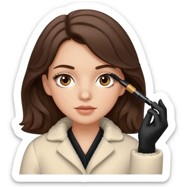 Garota branca de cabelos levemente ondulados castanhos escuros médio aplicando máscara de cílios, ela veste casaco off white estilo cozy sticker