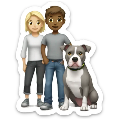 Gray Pitbull standing with brune-haired boy and blonde girl sticker