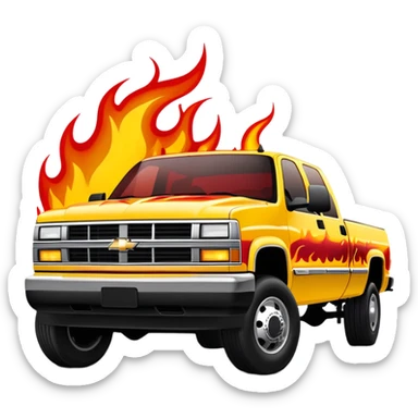 1997 yellow Chevy C-2500 Crew Cab with intricate airbrushed red flame design spreading across front, realistic flame artwork like in Kill Bill movie, 30-degree view, iOS emoji style sticker