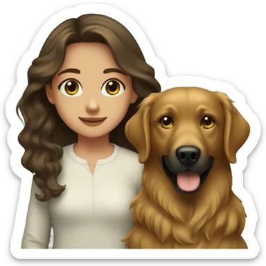 Girl with brown hair and green brown eyes next to a black golden retriever sticker