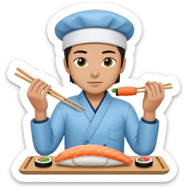Sushi master making sushi, In a light blue (#a8d6f3) clothes sticker