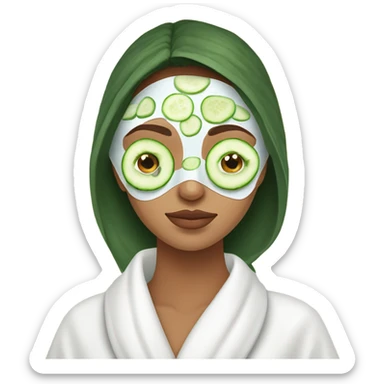 Girl with freackles Brown hair white skin and blue eyes wears Green colored texture skin care mask while She relaxes and puts two round piece of cucumber on her closed eyes In a white Robe sticker