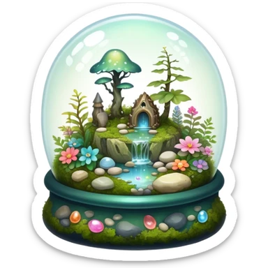 Sparkly shiny iridescent Mystical woodland glass-dome-terrarium-globe with moss inside, with marbles, with pebbles, crystals, with bones inside, and flowers inside  sticker