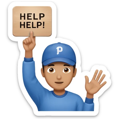 Men dressed in blue with baseball cap is pleading. Men holds up a sign spelling "Vishal Help!" sticker