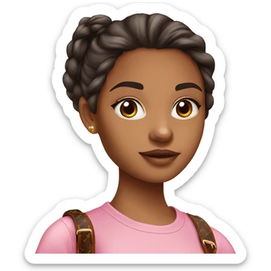 young women with dark brown eyes and hair wears the pink t-shirt and has Louis vuitton bag sticker