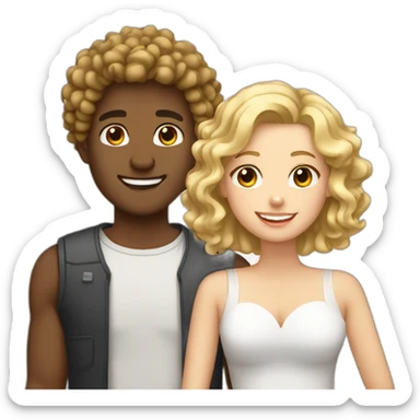 Couple, brown skin guy curly hair with a white girl blonde with teeth braces sticker