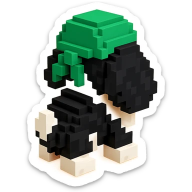 A black and white Russian Cocker Spaniel puppy wearing a green durag, facing backward sticker