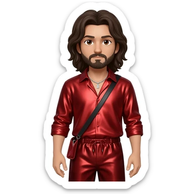 ASMR Eduardo with brown eyes, long dark brown hair and short beard, red metallic shirt, dark red metallic baggy pants, silver necklace sticker