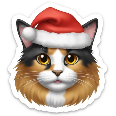 Long hair calico cat wearing a Christmas hat sticker