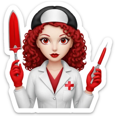


Scary woman scalpel in hand, evil surgeon sexy surgeon clothes.  She has red eyes. Her  brown long curly hair. Wears sexy doctor outfit with red gloves. make her wear red ski mask  to hide. Wears white surgeon coat, wears  stilettos sticker