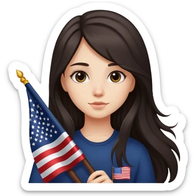 Girl with dar and long hair holding the America flag sticker
