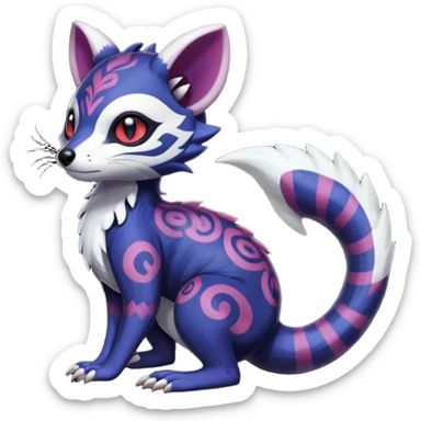 Rare warm-colored exotic gloomy tropical edgy cute epic aesthetic spooky indigo purple white black red gothic colorful Salandit-Furret-Espurr-Meowstic-Civet-species-Fakemon-hybrid-creature, with tribal tattoo markings, full body sticker