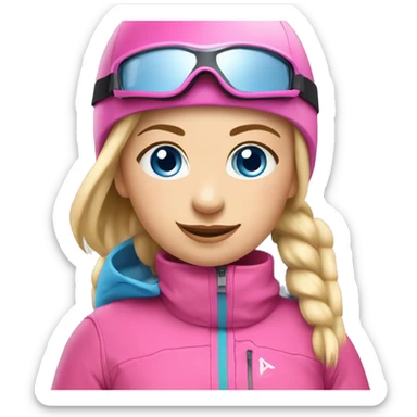 Skier girl with blonde hair in pony tail, blue eyes and pink gear show skis and legs  sticker