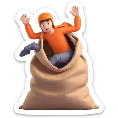 cartoonish bright colors man jumping inside of a sack, 3D style sticker