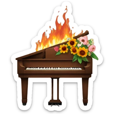 Burning Brown piano with flowers on it a sticker