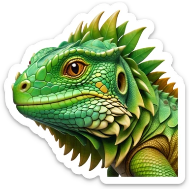 Cinematic Realistic Noble Iguana Portrait Emoji, Poised and commanding, with a robust, elongated body covered in intricately detailed, rough scales in vibrant shades of green with earthy brown accents, and a sharply defined head with piercing amber eyes, rendered with lifelike texture and natural light that accentuates every scale, high shine, intelligent and formidable, styled with an air of tropical authority, focused and attentive, soft glowing outline, capturing the essence of a watchful and confident iguana that appears ready to bask in the sun with effortless grace! sticker