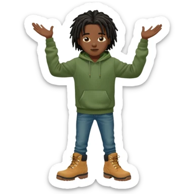 African American boy with short black dreadlocks wearing a green Nike hoodie wearing denim skinny jeans and timberland boots with his hands out sticker
