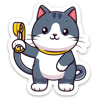 a cat that sews: in his left hand he holds scissors, and in his right hand he holds a tape measure sticker