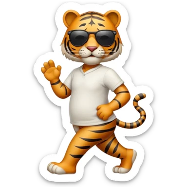 friendly anthropomorphised tiger in casual clothing, wearing dark sunglasses, walking upright in standard pose sticker