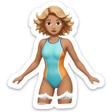 woman standing in the ocean with visible waves around her, medium shot showing upper body and surrounding water, waves clearly rising and splashing, dynamic sea motion, confident expression, 3D cartoon style, mobile game icon style, clean composition, no text, no watermark
  sticker