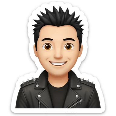 middle aged man, spiky black hair, wearing a leather jacket, cheerful look sticker