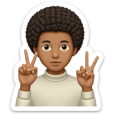 A black brown skin boy with a short Afro low taper with the duces hand sign sticker