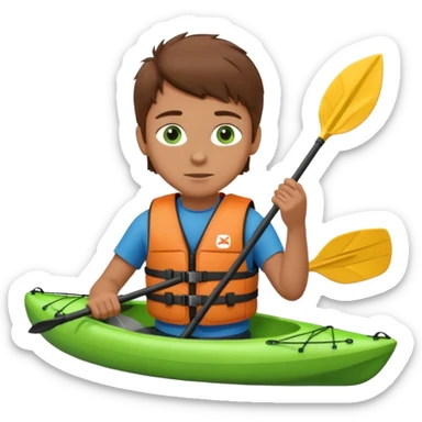 a boy with brown hair and green eyes in a kayak sticker