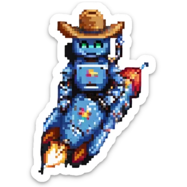 robot wearing a cowboy hat riding a rocket sticker