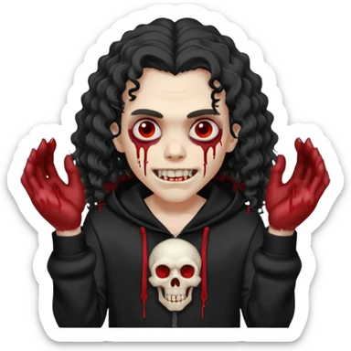 Vampire wearing a black hoodie with a skull logo on it, long curly hair that covers the forehead, fanged teeth and blood on hands sticker