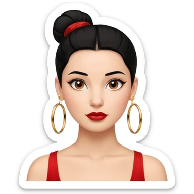 정면 얼굴위주 여성 이모지 생성 : 얼굴이 조금 검고, 검정 헤어를 가진, 올빽머리 스타일링으로 묶고, 볼드한 골드 링귀걸이, 짙은 눈썹과 블러시 위주의 내추럴메이크업, 립은 웜톤레드, 흰색 나시 탑을 입음 sticker