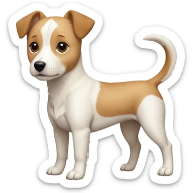 a full body facing front on of a buff white beagle cross jack russell terrier looking dog the size of a kelpie with light brown long ears resting on its face and a light brown patch above one eye and a large snout. the rest of the dog is completely white.  sticker