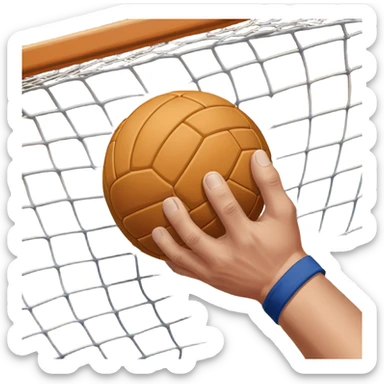 A close-up of a hand gripping a handball, with the handball gates visible in the background. The focus is on the texture of the ball and the strength of the grip, with the goal net slightly blurred to emphasize the anticipation of the throw. sticker