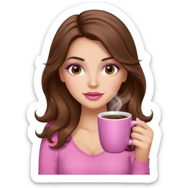 girl with long wavy brown hair, brown eyes, long lashes makeup, sexy pink lips, light to medium complexion, pink sexy top, with a hot coffee mug sticker