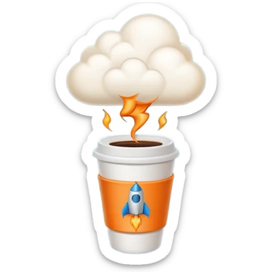 Emoji-style sticker of a takeaway coffee cup with rocket thrusters launching, steam forming a tiny cloud, playful but minimal, bold outline, soft shadows, flat 2.5D, glowing exhaust, transparent background, no text, high-res. sticker