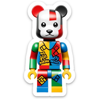 Lego style hustler bearbrick toy figure with X symbols for eyes, blocky Lego aesthetic, graffiti prints sticker