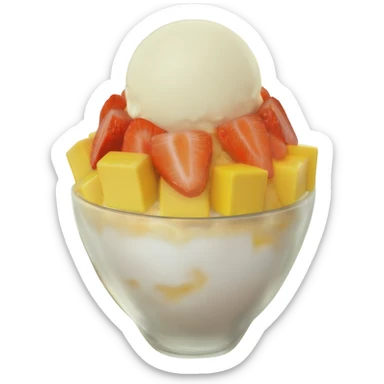 bingsu with mango cubes and sliced strawberries and ice cream on top sticker