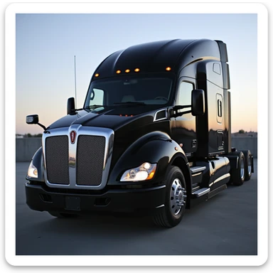 2026 Black Kenworth T680 Sleeper semi truck, side view, headlights on, realistic details, no background sticker