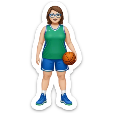 Full Body plus size white female with short brown hair with highlights spike hair wearing blue glasses basketball player wearing blue green uniform smiling sticker