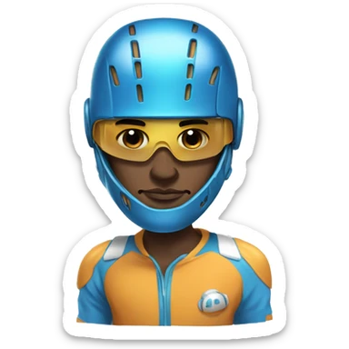 illustration of a cartoon athlete he wears a blue helmet covering his eyes and the design of the helmet resembles a robotic or futuristic headgear,  sticker