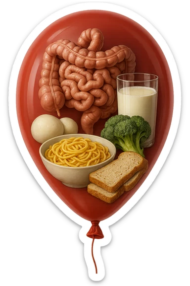 PALLONCINO ROSSO CON DENTRO UN INTESTINO UMANO, UNA MOZZARELLA, UN BICCHIERE DI LATTE, UNA BOWL DI PASTA, QUALCHE BROCCOLO, QUALCHE FETTINA DI PANE sticker