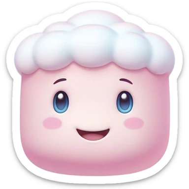 Cinematic fluffy pastel marshmallow character, soft round edges, tiny sparkly eyes, a small happy smile, glowing warmly, floating in a dreamy soft sky. sticker