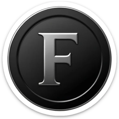 Emoji icon of a black coin with engraved letter F, minimalist style, isolated, only black color sticker