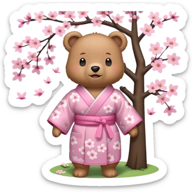A cute light-brown bear wearing a pastel pink sakura-patterned kimono, normal balanced body ratio.  
Standing under a blooming sakura tree, looking up at falling pink petals with a soft amazed smile.  
Kawaii emoji style, minimalistic clean sticker illustration, simple scenic background. sticker