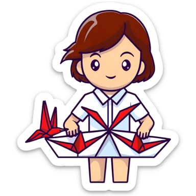 A happy Ukrainian young girl with brown hair in a white embroidered shirt makes an origami red crane craft sticker